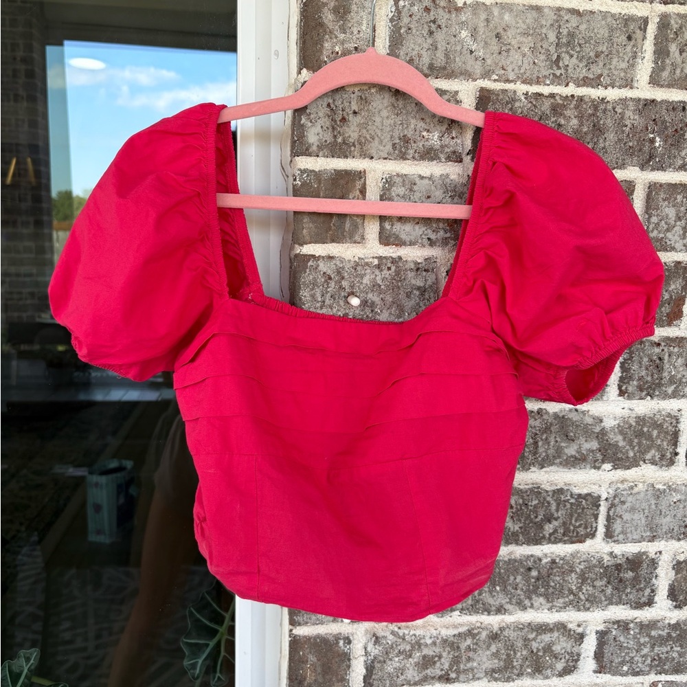 Sim & Sam Red Puff Sleeve Crop Square Neck Romantic Blouse Cottagecore Statement